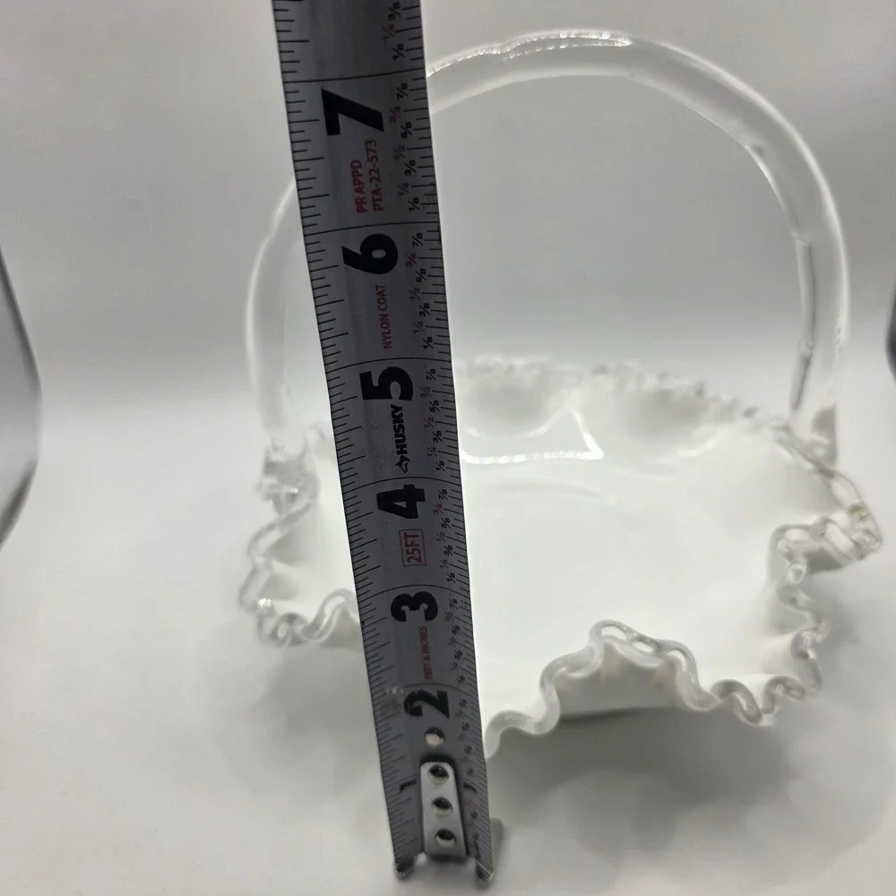 Fenton Milk Glass Silver Crest Ruffled Basket with Clear Handle Vintage 7 inch
